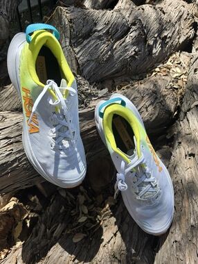 Hoka One One Bondi X         Size 9DMens White Shoes, Neon Yellow & Teal Accents